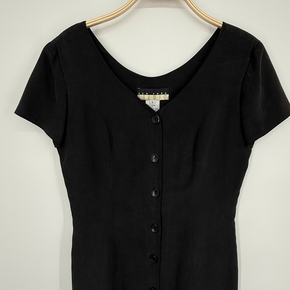 New York Studio Button Front Dress Womens 6 Black Good 100% Silk V-Neck Vintage - Picture 3 of 9